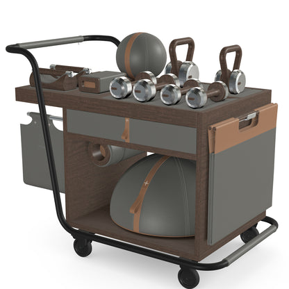 PENT. SOPHIA: dumbbells, kettlebells, balance trainer, medicine ball, skipping rope, exercise mat, push up bars, yoga block and stretching roller. Made with stainless steel, premium Italian grey base leather, brown accent leather and dark walnut wood.