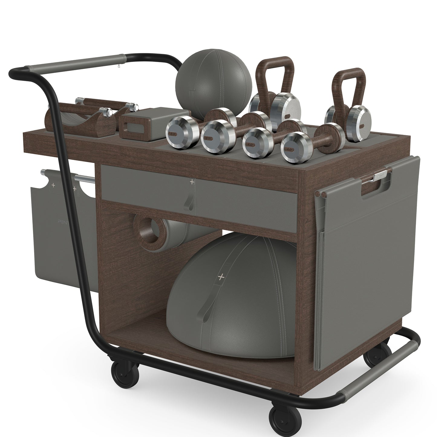 PENT. SOPHIA: dumbbells, kettlebells, balance trainer, medicine ball, skipping rope, exercise mat, push up bars, yoga block and stretching roller. Made with stainless steel, premium Italian grey base leather, grey accent leather and dark walnut wood.