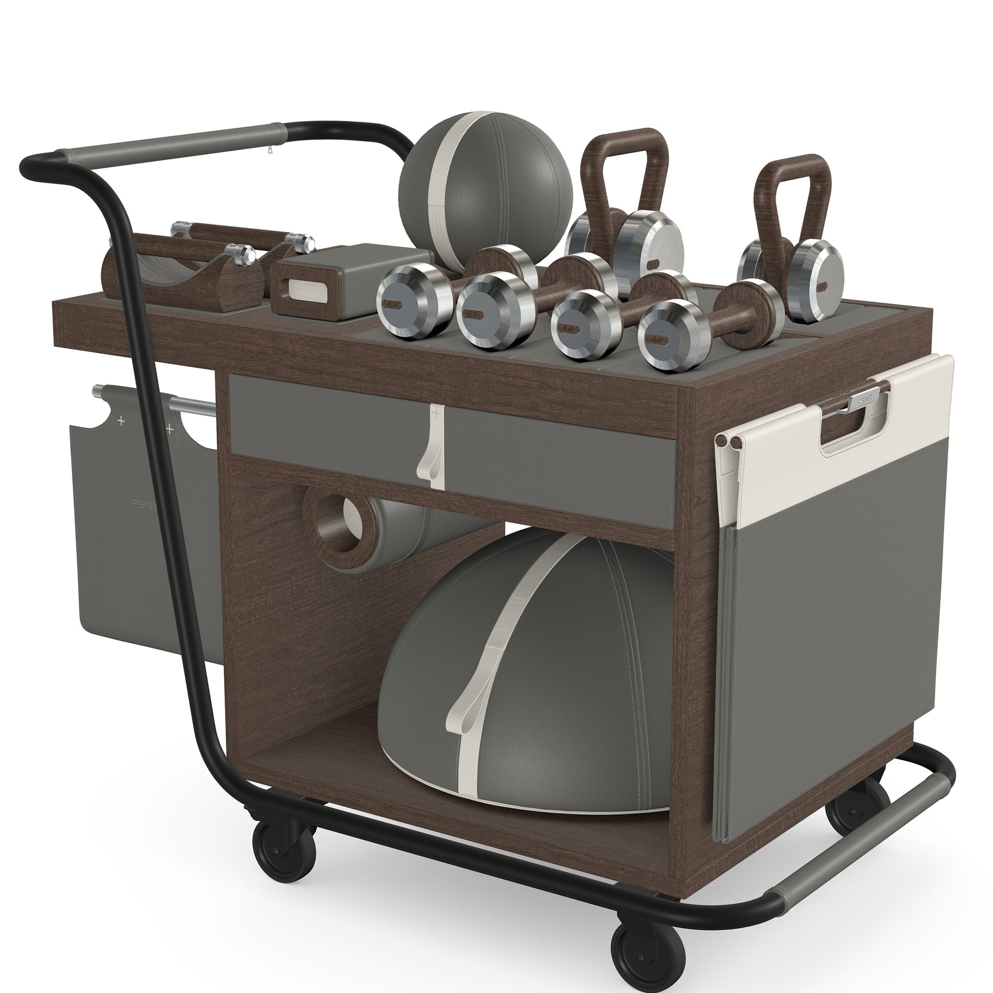 PENT. SOPHIA: dumbbells, kettlebells, balance trainer, medicine ball, skipping rope, exercise mat, push up bars, yoga block and stretching roller. Made with stainless steel, premium Italian grey base leather, white accent leather and dark walnut wood.