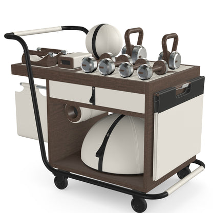 PENT. SOPHIA: dumbbells, kettlebells, balance trainer, medicine ball, skipping rope, exercise mat, push up bars, yoga block and stretching roller. Made with stainless steel, premium Italian white base leather, black accent leather and dark walnut wood.