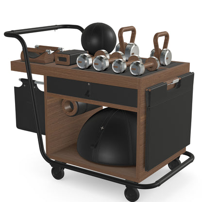 PENT. SOPHIA: dumbbells, kettlebells, balance trainer, medicine ball, skipping rope, exercise mat, push up bars, yoga block and stretching roller. Made with stainless steel, premium Italian black base leather, black accent leather and natural walnut wood.