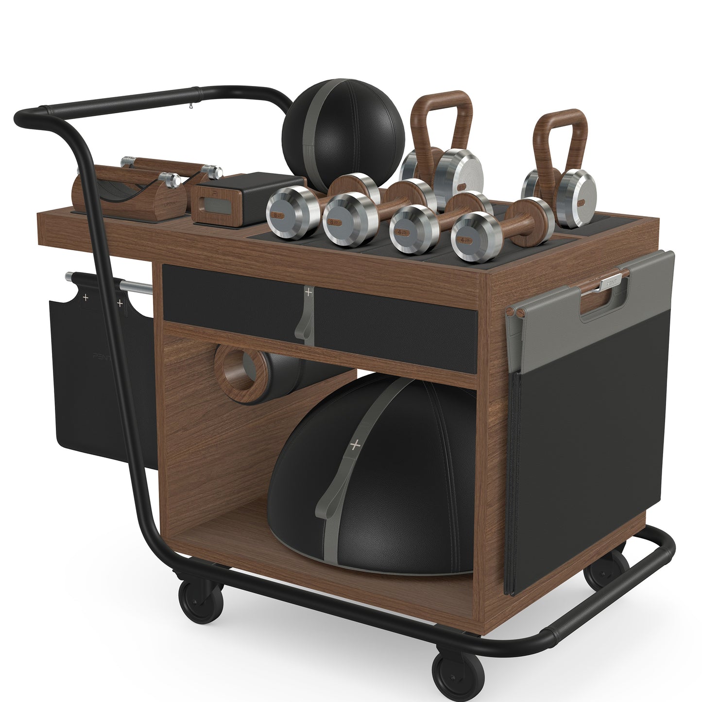 PENT. SOPHIA: dumbbells, kettlebells, balance trainer, medicine ball, skipping rope, exercise mat, push up bars, yoga block and stretching roller. Made with stainless steel, premium Italian black base leather, grey accent leather and natural walnut wood.