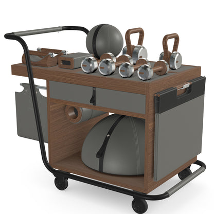 PENT. SOPHIA: dumbbells, kettlebells, balance trainer, medicine ball, skipping rope, exercise mat, push up bars, yoga block and stretching roller. Made with stainless steel, premium Italian grey base leather, black accent leather and natural walnut wood.