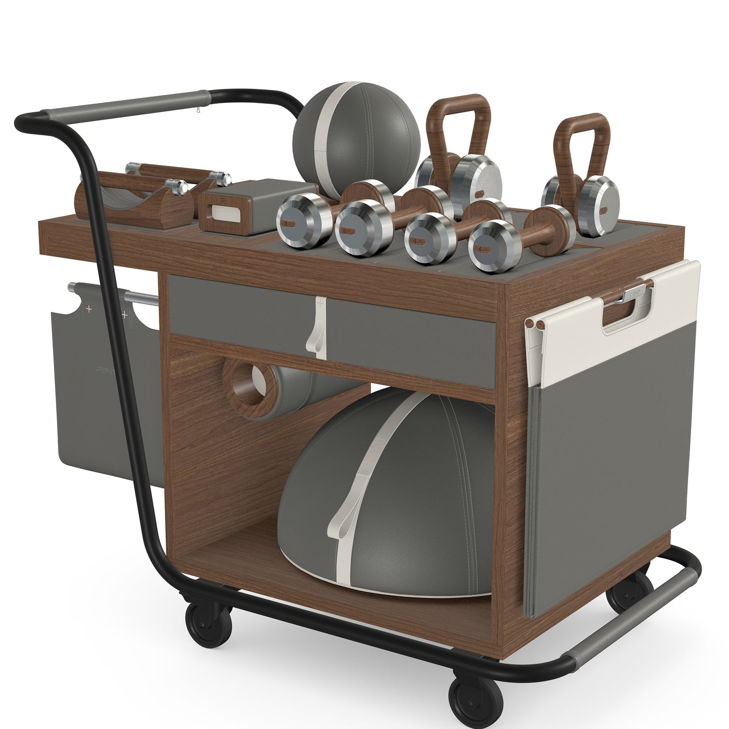 PENT. SOPHIA: dumbbells, kettlebells, balance trainer, medicine ball, skipping rope, exercise mat, push up bars, yoga block and stretching roller. Made with stainless steel, premium Italian grey base leather, white accent leather and natural walnut wood.