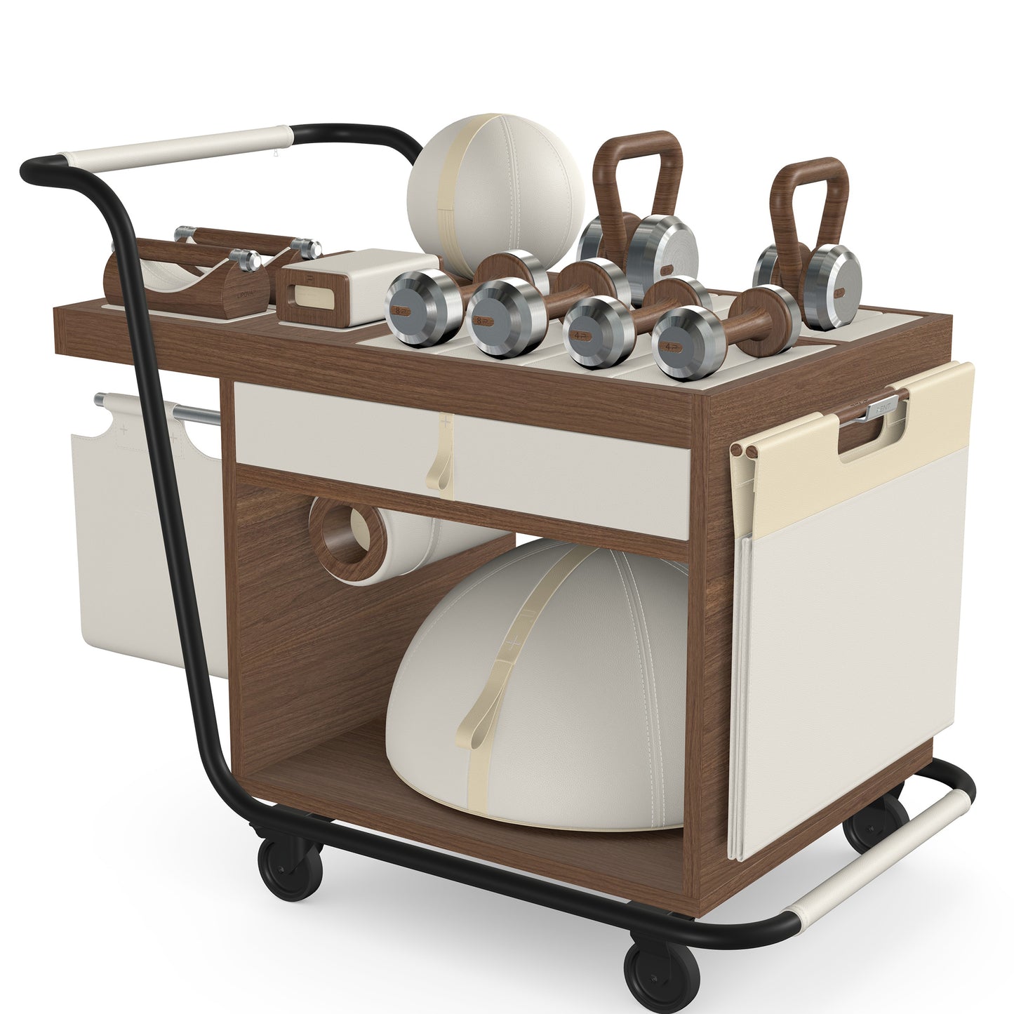PENT. SOPHIA: dumbbells, kettlebells, balance trainer, medicine ball, skipping rope, exercise mat, push up bars, yoga block and stretching roller. Made with stainless steel, premium Italian white base leather, beige accent leather and natural walnut wood.