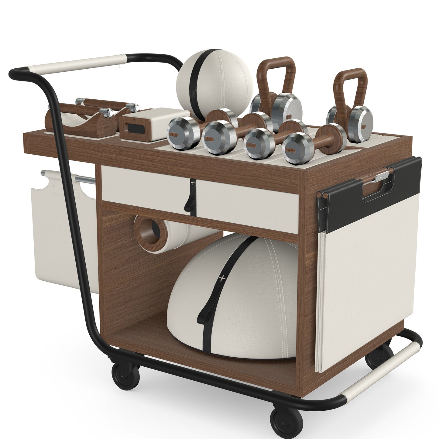 PENT. SOPHIA: dumbbells, kettlebells, balance trainer, medicine ball, skipping rope, exercise mat, push up bars, yoga block and stretching roller. Made with stainless steel, premium Italian white base leather, black accent leather and natural walnut wood.