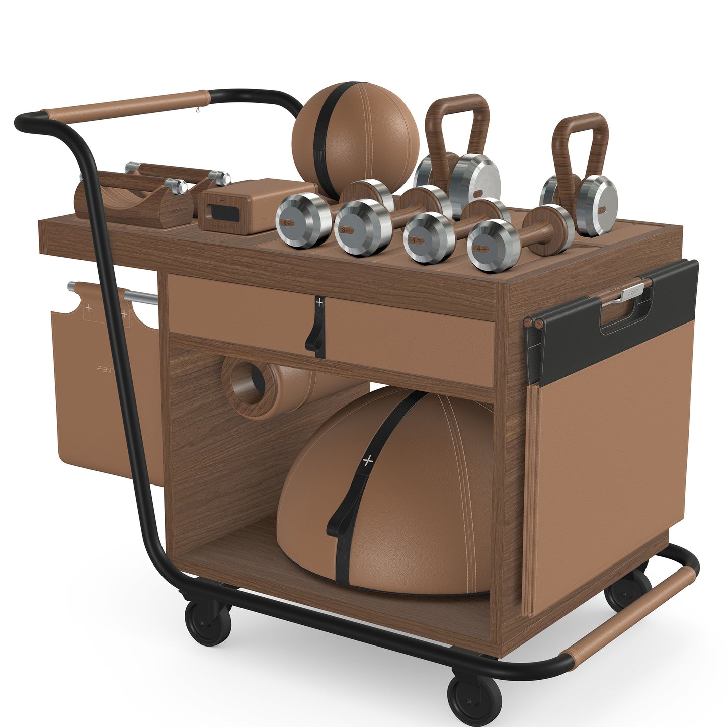 PENT. SOPHIA: dumbbells, kettlebells, balance trainer, medicine ball, skipping rope, exercise mat, push up bars, yoga block and stretching roller. Made with stainless steel, premium Italian brown base leather, black accent leather and natural walnut wood.