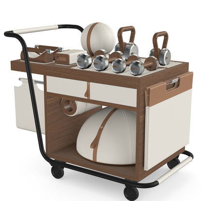 PENT. SOPHIA: dumbbells, kettlebells, balance trainer, medicine ball, skipping rope, exercise mat, push up bars, yoga block and stretching roller. Made with stainless steel, premium Italian white base leather, brown accent leather and natural walnut wood.