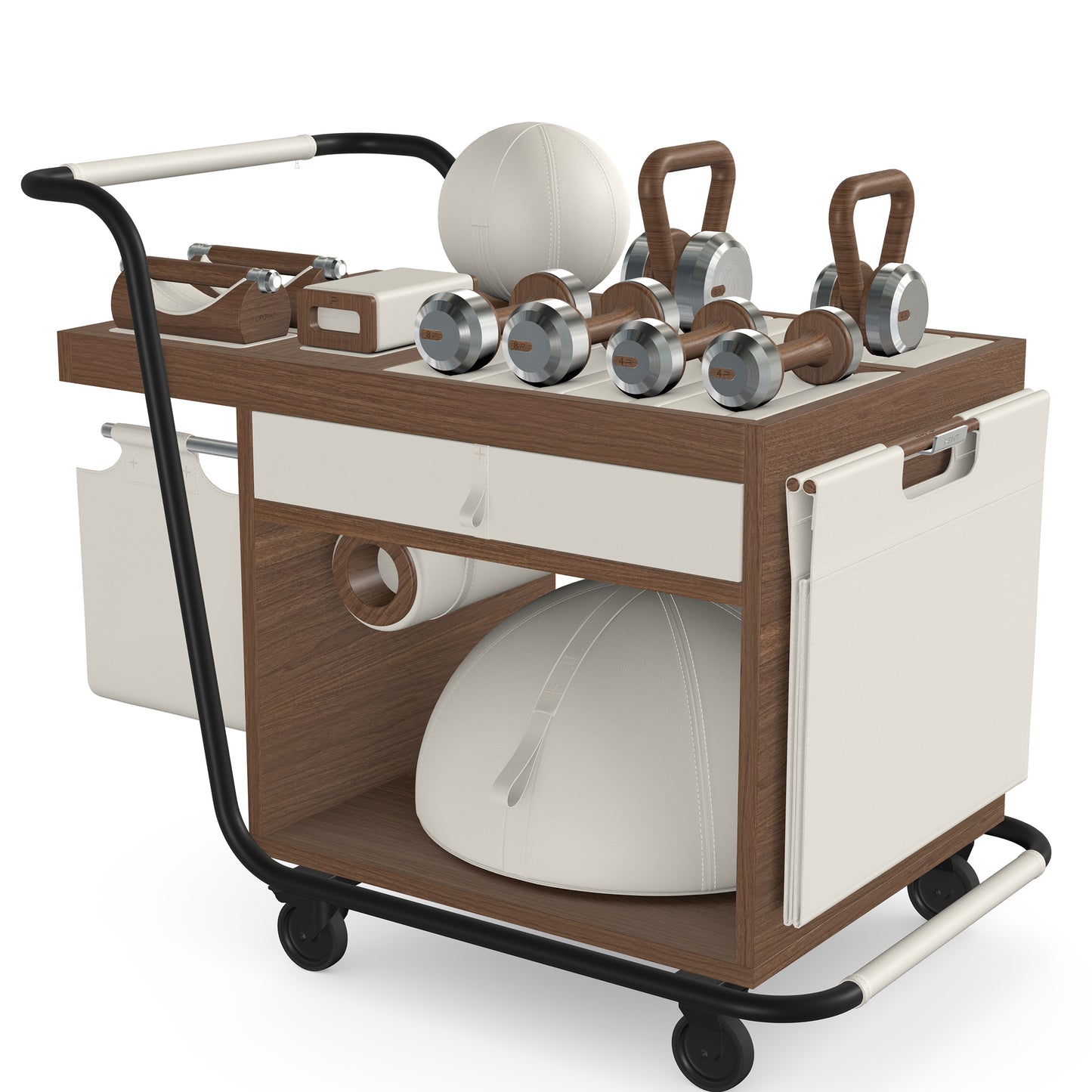 PENT. SOPHIA: dumbbells, kettlebells, balance trainer, medicine ball, skipping rope, exercise mat, push up bars, yoga block and stretching roller. Made with stainless steel, premium Italian white base leather, white accent leather and natural walnut wood.