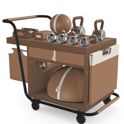 PENT. SOPHIA: dumbbells, kettlebells, balance trainer, medicine ball, skipping rope, exercise mat, push up bars, yoga block and stretching roller. Made with stainless steel, premium Italian brown base leather, white accent leather and natural walnut wood.