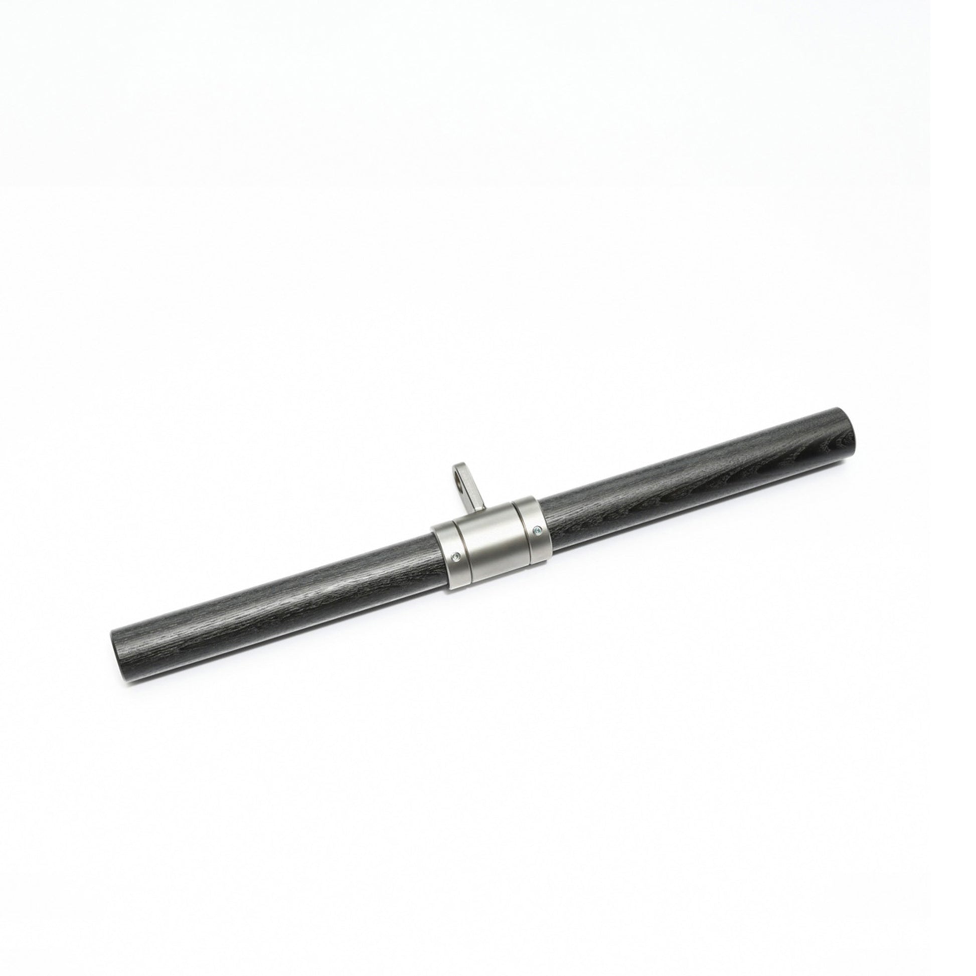 Further view of a metallic connecting black ash wood bar with a center clasp, featuring a sleek, cylindrical design, used for workout exercises. Stil-Fit Functional Trainer Accessories - Bicep & Tricep Bar