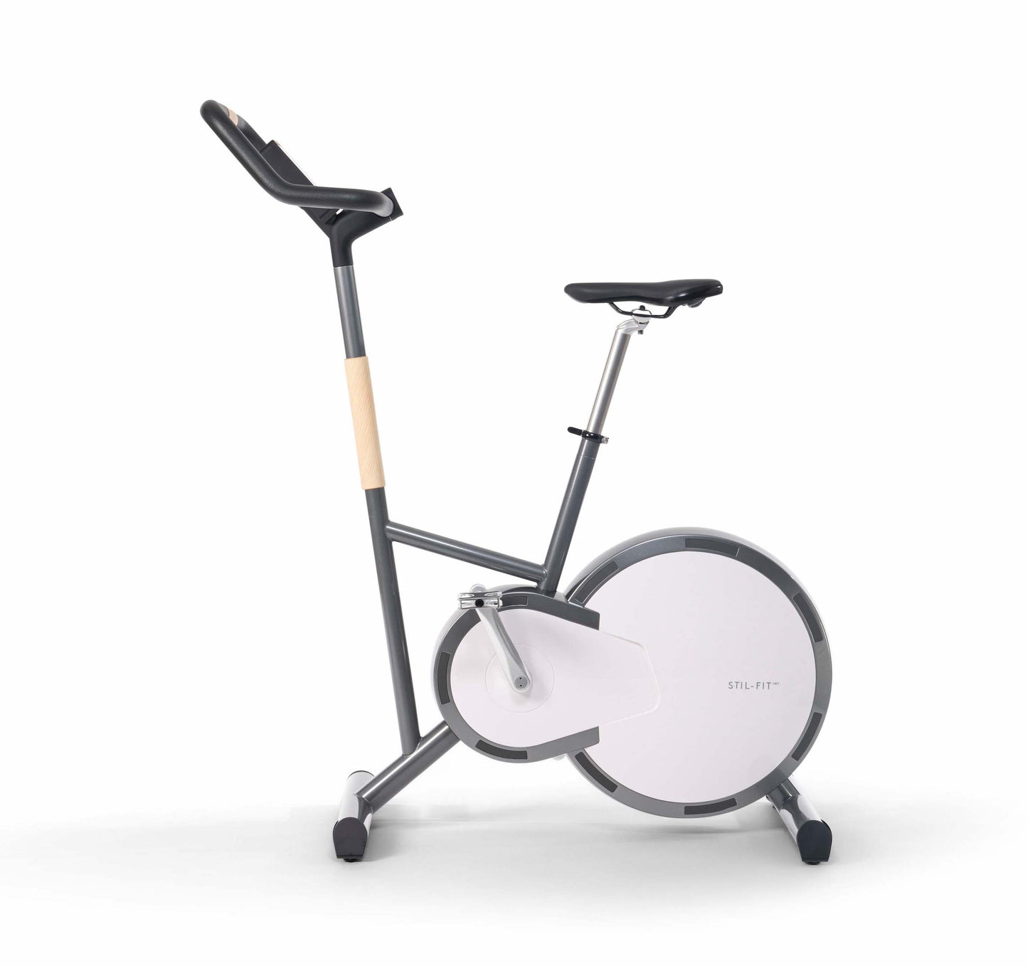 A stylish modern exercise bike with a sleek design, ash wood panel, featuring three adjustable grip positions and a multifunctional console. Stil-Fit Ergometer Pure - Stationary Bike