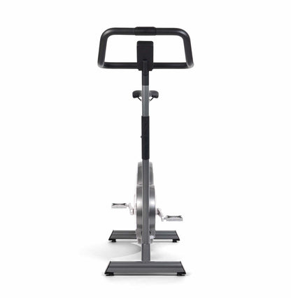 Front view of a stylish modern exercise bike with a sleek design, featuring three adjustable grip positions and a multifunctional console. Stil-Fit Ergometer Pure - Stationary Bike