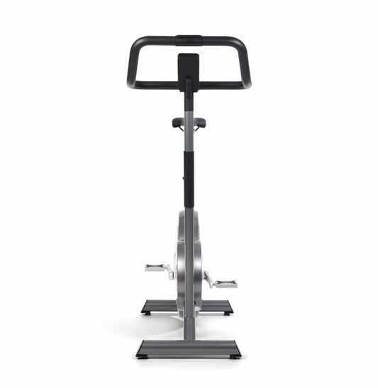 Front view of a stylish modern exercise bike with a sleek design, featuring three adjustable grip positions and a multifunctional console. Stil-Fit Ergometer Pure - Stationary Bike
