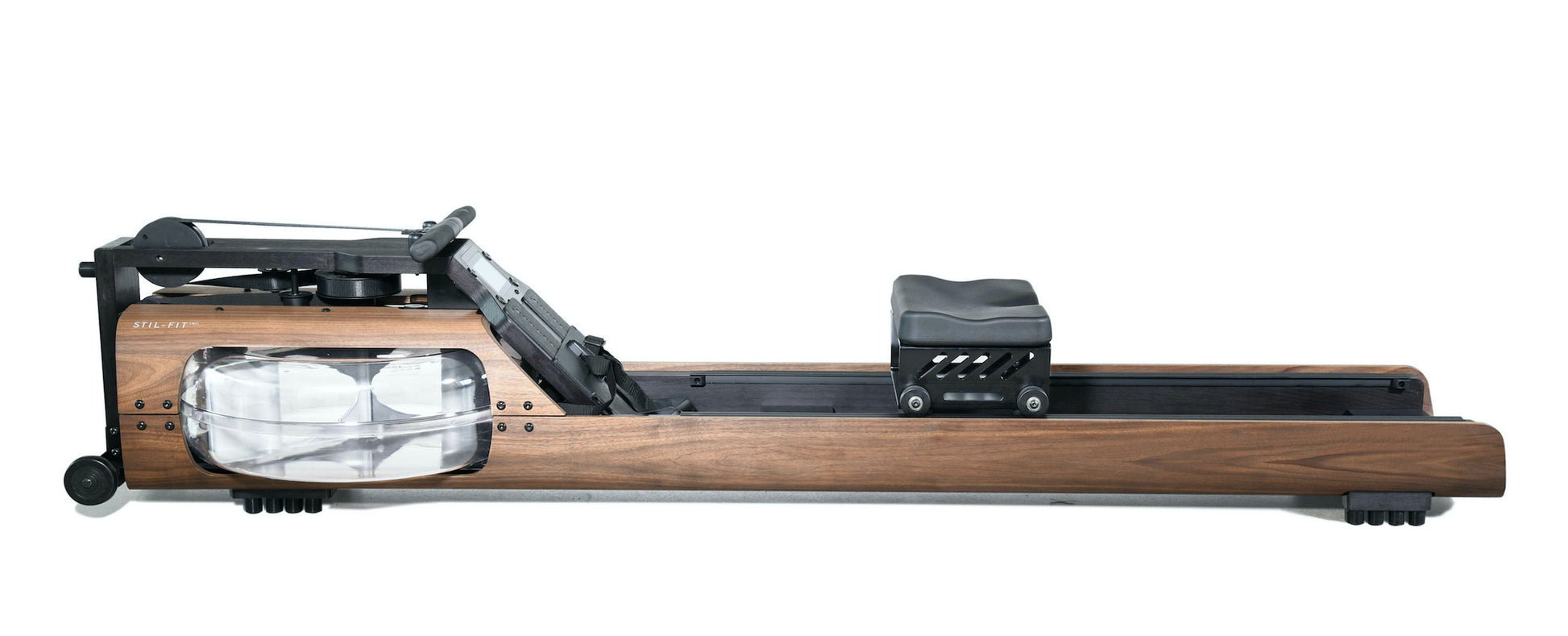 Sideview of a luxury fitness equipment, wooden water rowing machine for full-body workout with the soothing sounds of water. Stil-Fit Flow One - Rowing Machine with water resistance