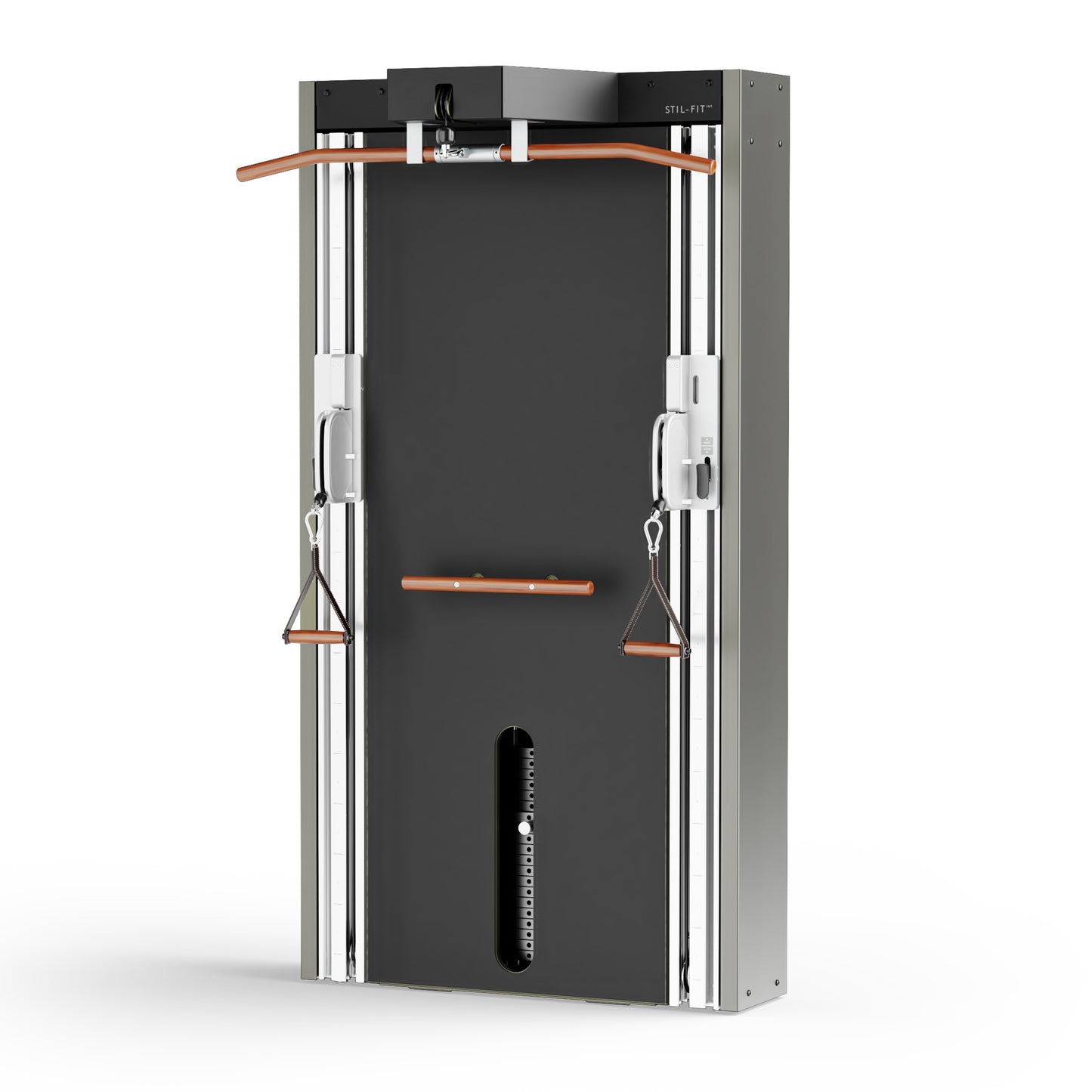 Sideview of a modern fitness cable machine in matte black colour with adjustable pulleys and a built in lat pull system, ideal for strength training and muscle workouts. Stil-Fit Functional Trainer - Pro Line - Dual Pulley Cable Machine
