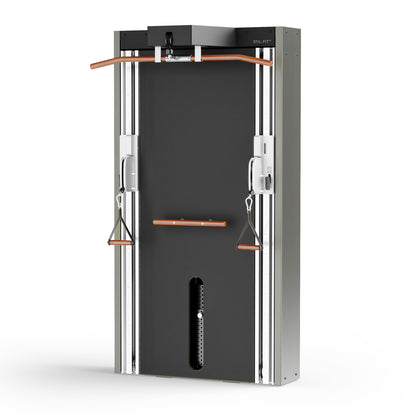 Sideview of a modern fitness cable machine in matte black colour with adjustable pulleys and a built in lat pull system, ideal for strength training and muscle workouts. Stil-Fit Functional Trainer - Pro Line - Dual Pulley Cable Machine