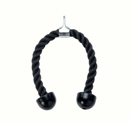 Black twisted rope attachment with plastic ends and a metal hook, designed for use in fitness exercises and gym equipment. Stil-Fit Functional Trainer Accessories - Rope, 