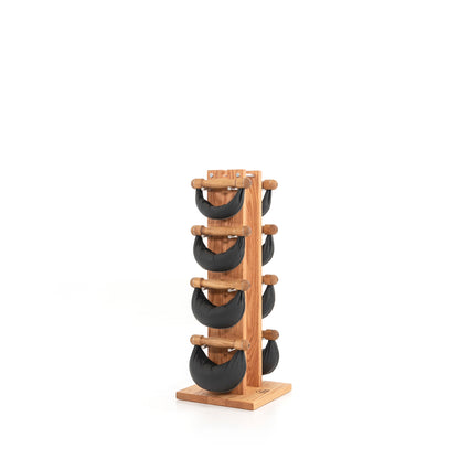 Six black leather swingbell are neatly arranged on a natural oak wooden rack, highlighting craftsmanship and simplicity in design. NOHRD Swing Tower - Leather Dumbbell Set