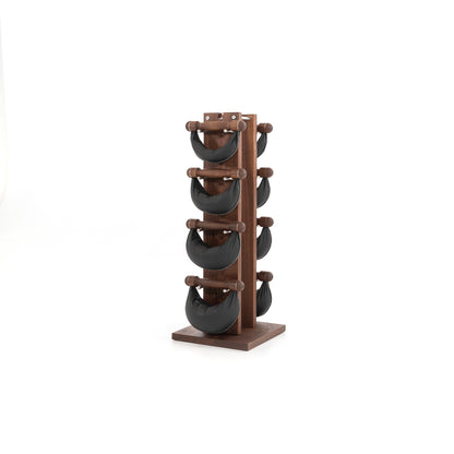 Six swingbell with black leather are neatly arranged on walnut wooden rack, highlighting craftsmanship and simplicity in design. NOHRD Swing Tower - Leather Dumbbell Set