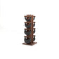 Six swingbell with black leather are neatly arranged on walnut wooden rack, highlighting craftsmanship and simplicity in design. NOHRD Swing Tower - Leather Dumbbell Set