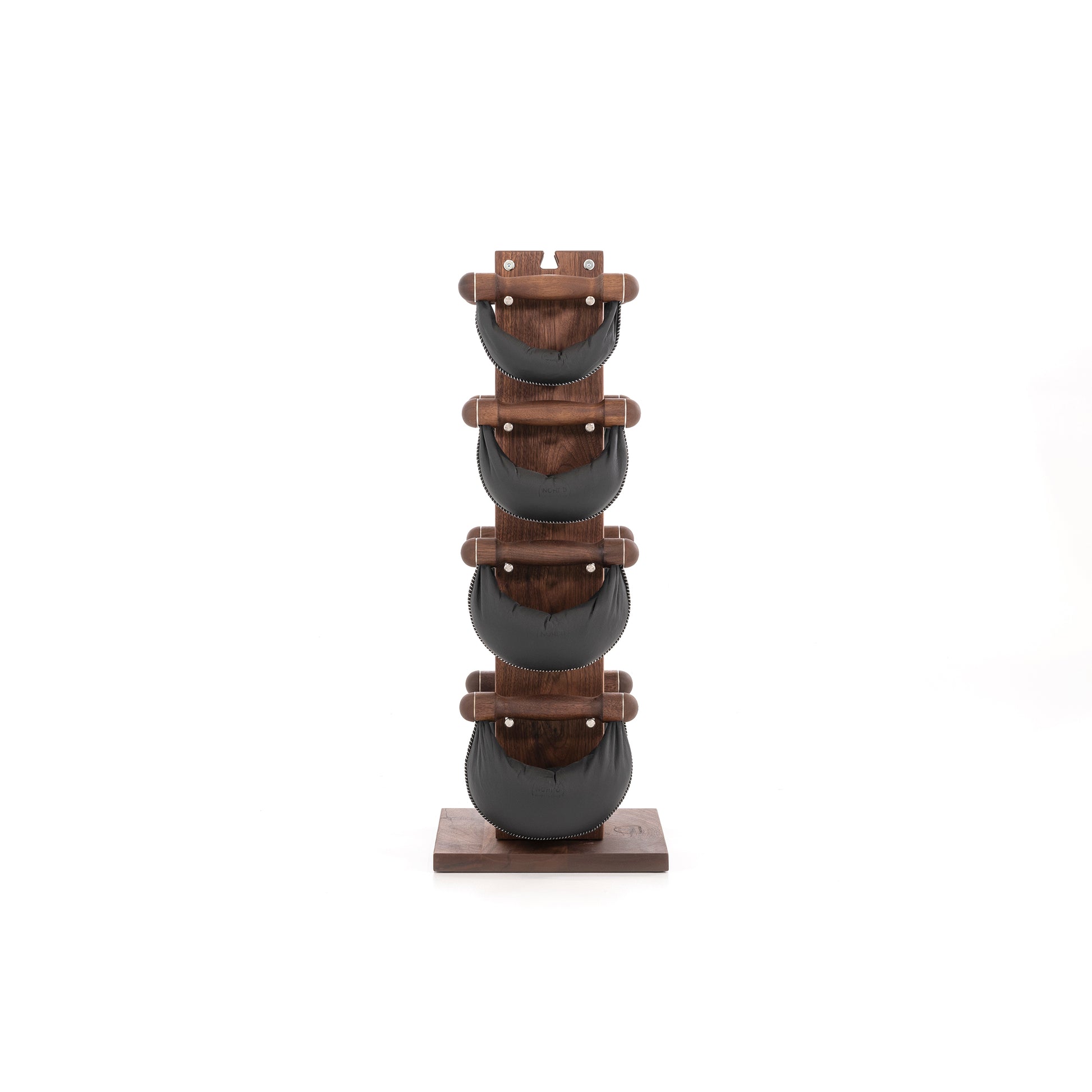 Six black leather swingbell are neatly arranged on a natural walnut wooden rack, highlighting craftsmanship and simplicity in design. NOHRD Swing Tower - Leather Dumbbell Set
