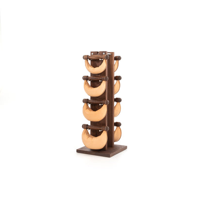 Six premium black leather swingbell are neatly arranged on a natural walnut wooden rack, highlighting craftsmanship and simplicity in design. NOHRD Swing Tower - Leather Dumbbell Set