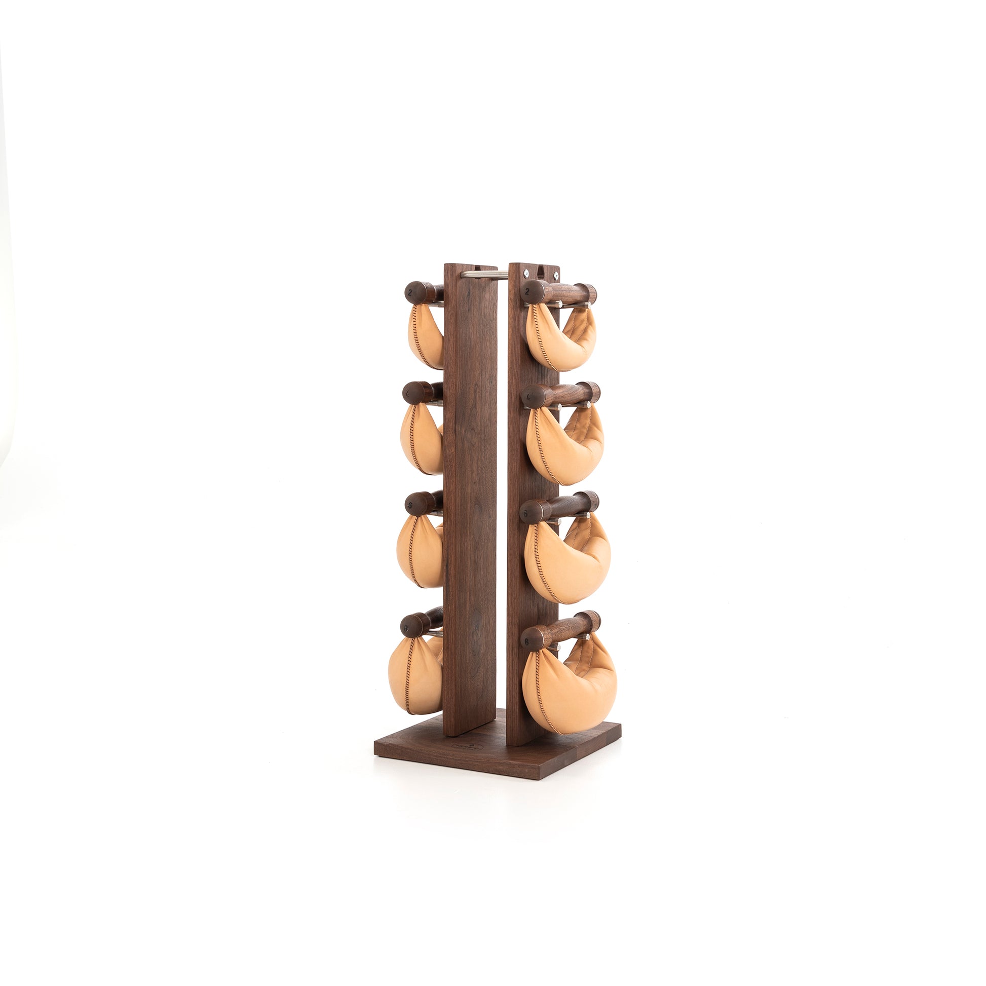 Sideview of six natural leather wooden swingbell are neatly arranged on a natural walnut wooden rack, highlighting craftsmanship and simplicity in design. NOHRD Swing Tower - Leather Dumbbell Set