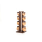 Sideview of six natural leather wooden swingbell are neatly arranged on a natural walnut wooden rack, highlighting craftsmanship and simplicity in design. NOHRD Swing Tower - Leather Dumbbell Set