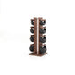 Sideview of six swingbell with black leather are neatly arranged on walnut wooden rack, highlighting craftsmanship and simplicity in design. NOHRD Swing Tower - Leather Dumbbell Set