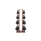 Front view of six wooden swingbell with black leather, neatly arranged on a wooden rack, highlighting craftsmanship and simplicity in design. NOHRD Swing Tower - Leather Dumbbell Set