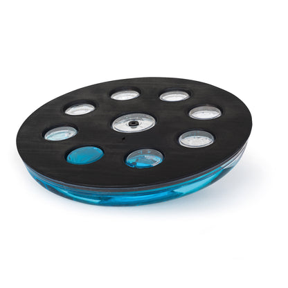 A balance board with natural black wood materials that incorporates a water-filled tank, for core stability training. NOHRD Eau-Me Board