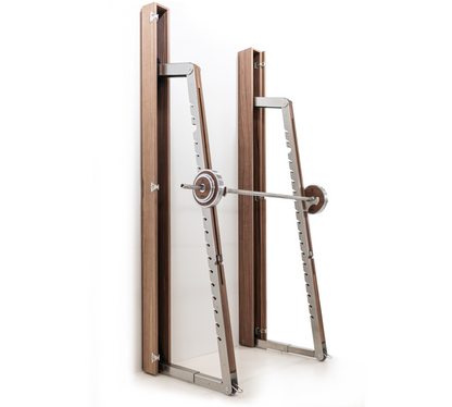 A luxurious squat rack made with natural wood and stainless steel, perfect for a large range of activities. NOHRD Squat Rack