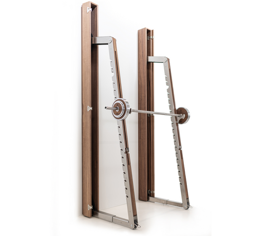 A luxurious squat rack made with natural wood and stainless steel, perfect for a large range of activities. NOHRD Squat Rack
