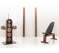 A luxurious squat rack made with natural wood and stainless steel, perfect for a large range of activities. Featuring weight plates tower and bench. NOHRD Squat Rack