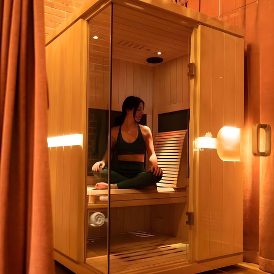Person relaxing inside infrared sauna with integrated red light therapy for detox and recovery.