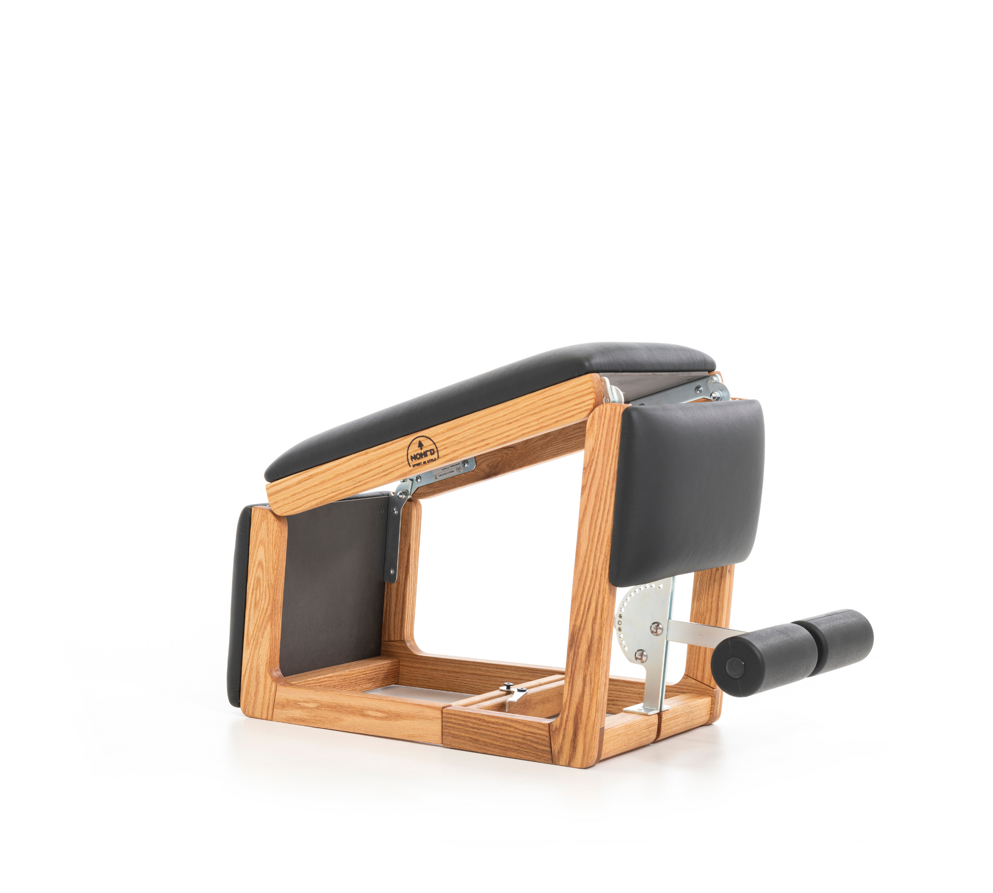 Sideview of a multifunctional exercise bench made with oak wood and premium Italian leather, for a broad range of exercises. NOHRD TriaTrainer