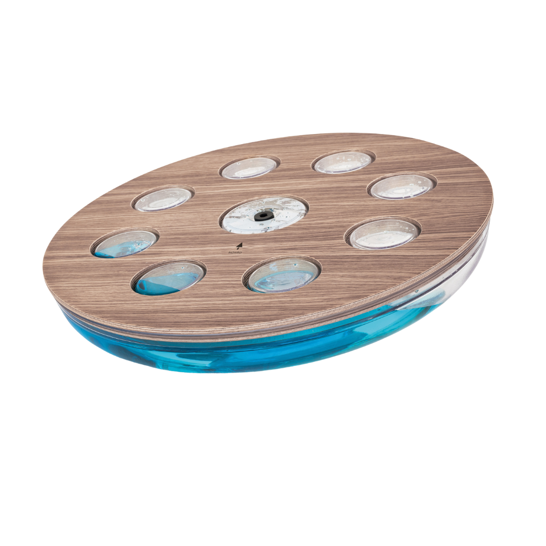 A balance board with natural vintage wood materials that incorporates a water-filled tank, for core stability training. NOHRD Eau-Me Board