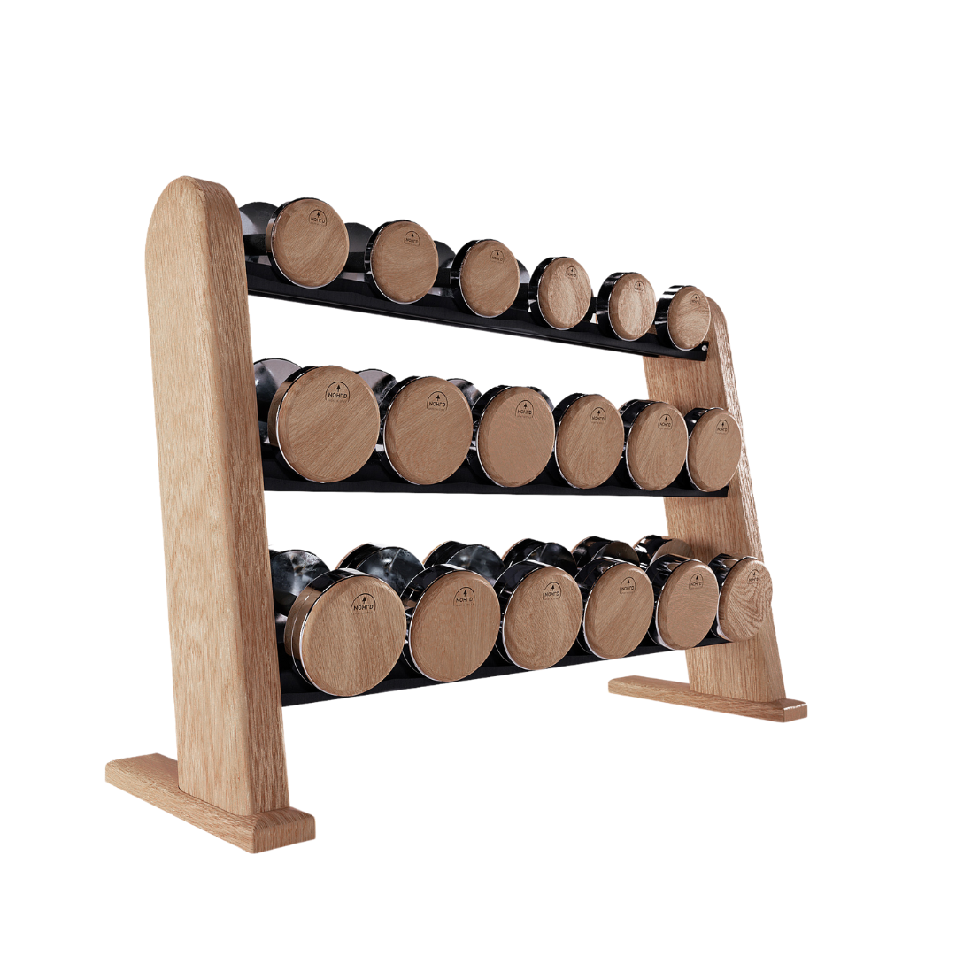 A premium vintage wooden rack displaying dumbbell made with wood and stainless steel, organized neatly on multiple shelves for easy access. NOHRD DumbBells Set