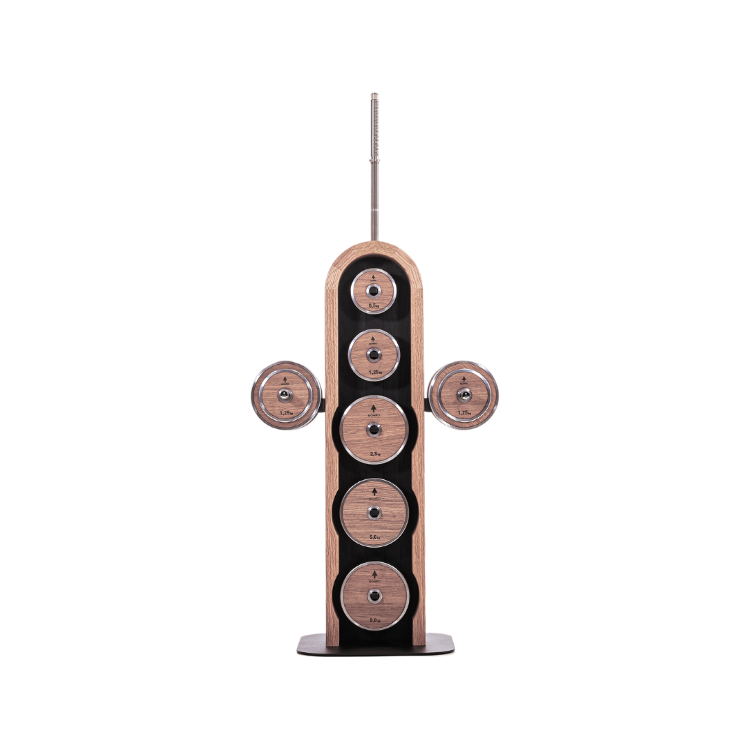  Luxury wooden & stainless steel weight plate set with barbell and dumbbell plates on a sleek vertical vintage wooden rack. Premium gym equipment for strength training. NOHRD Weight Plates - Barbell & Dumbbells Tower