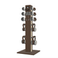 Dumbbells, kettlebells and skipping rope on a vertical dark walnut wooden stand with beige leather, luxury fitness equipment.