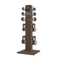 Dumbbells, kettlebells and skipping rope on a vertical dark walnut wooden stand with grey leather, luxury fitness equipment.