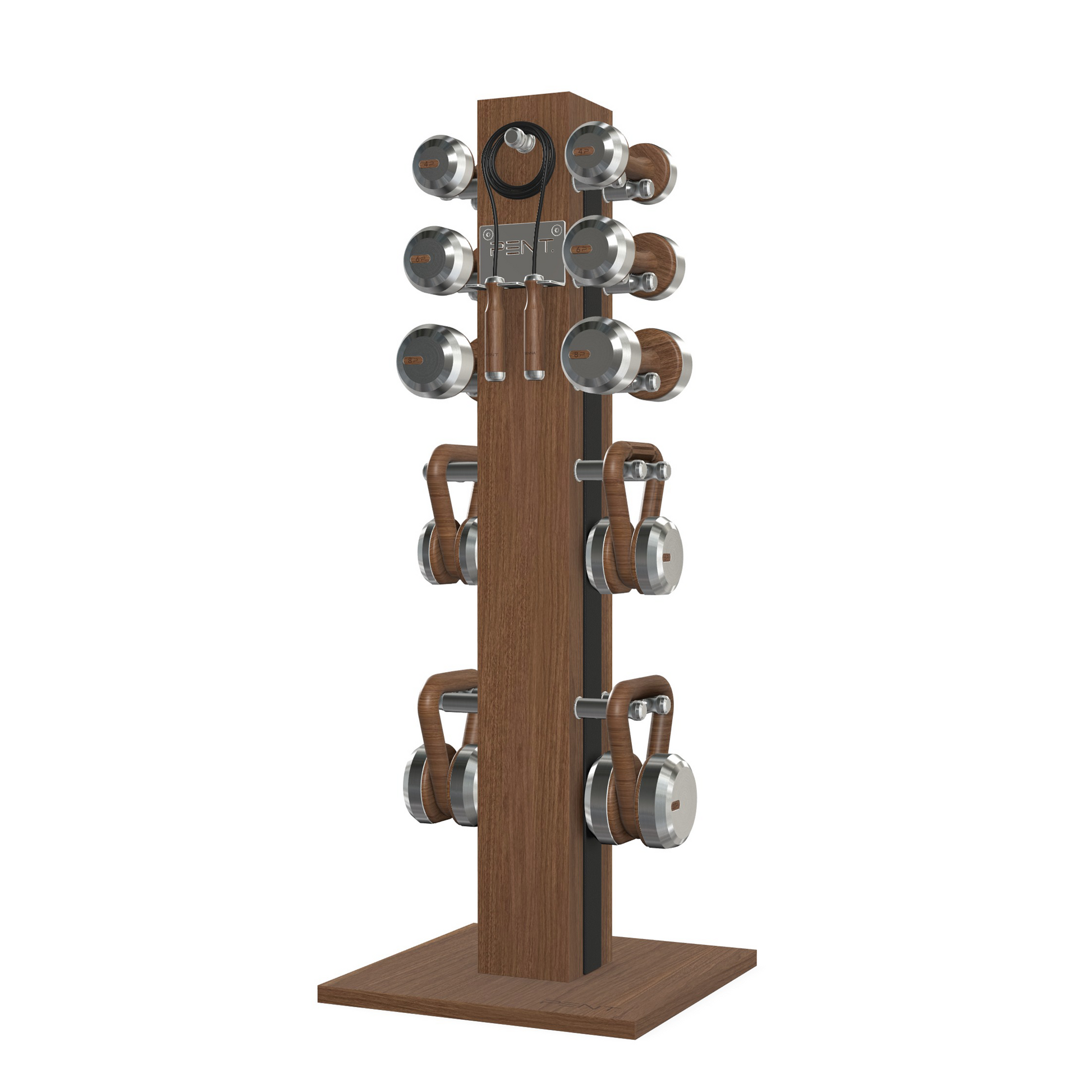 Dumbbells, kettlebells and skipping rope on a vertical walnut wooden stand with black leather, luxury fitness equipment.