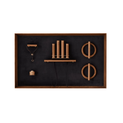 Kenko Wall Set “L” – sculptural wall-mounted fitness set in walnut with brass accents.
