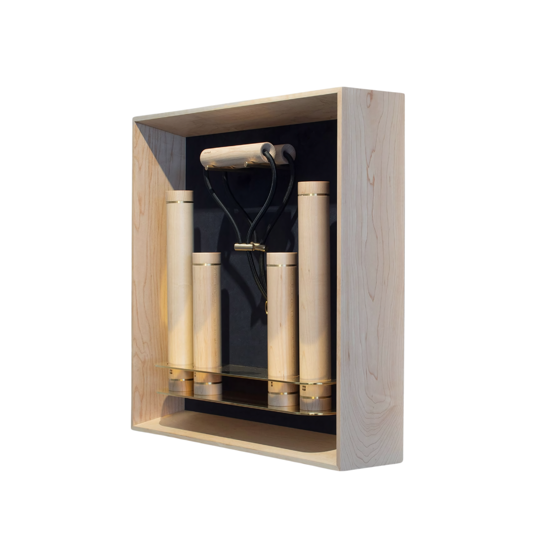 Elegant wall-mounted training set with dumbbells and expander for everyday workouts.