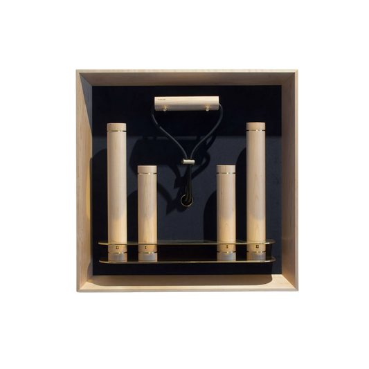 Kenko Wall Set “M” – minimalist wall-mounted fitness kit in maple wood with brass accents.