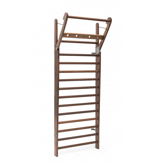 Sideview of a luxury fitness equipment, premium wall bar made with natural wood in walnut. NOHRD WallBars