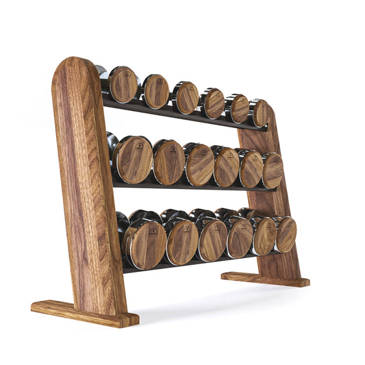 A premium walnut wooden rack displaying dumbbell made with wood and stainless steel, organized neatly on multiple shelves for easy access. NOHRD DumbBells Set