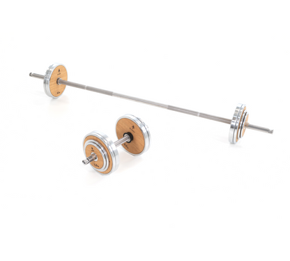 A luxurious barbell and dumbbell set, made with stainless steel and premium wood. NOHRD Weight Plates - Barbell & Dumbbells Tower