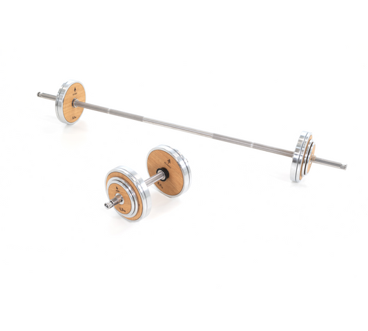 A luxurious barbell and dumbbell set, made with stainless steel and premium wood. NOHRD Weight Plates - Barbell & Dumbbells Tower